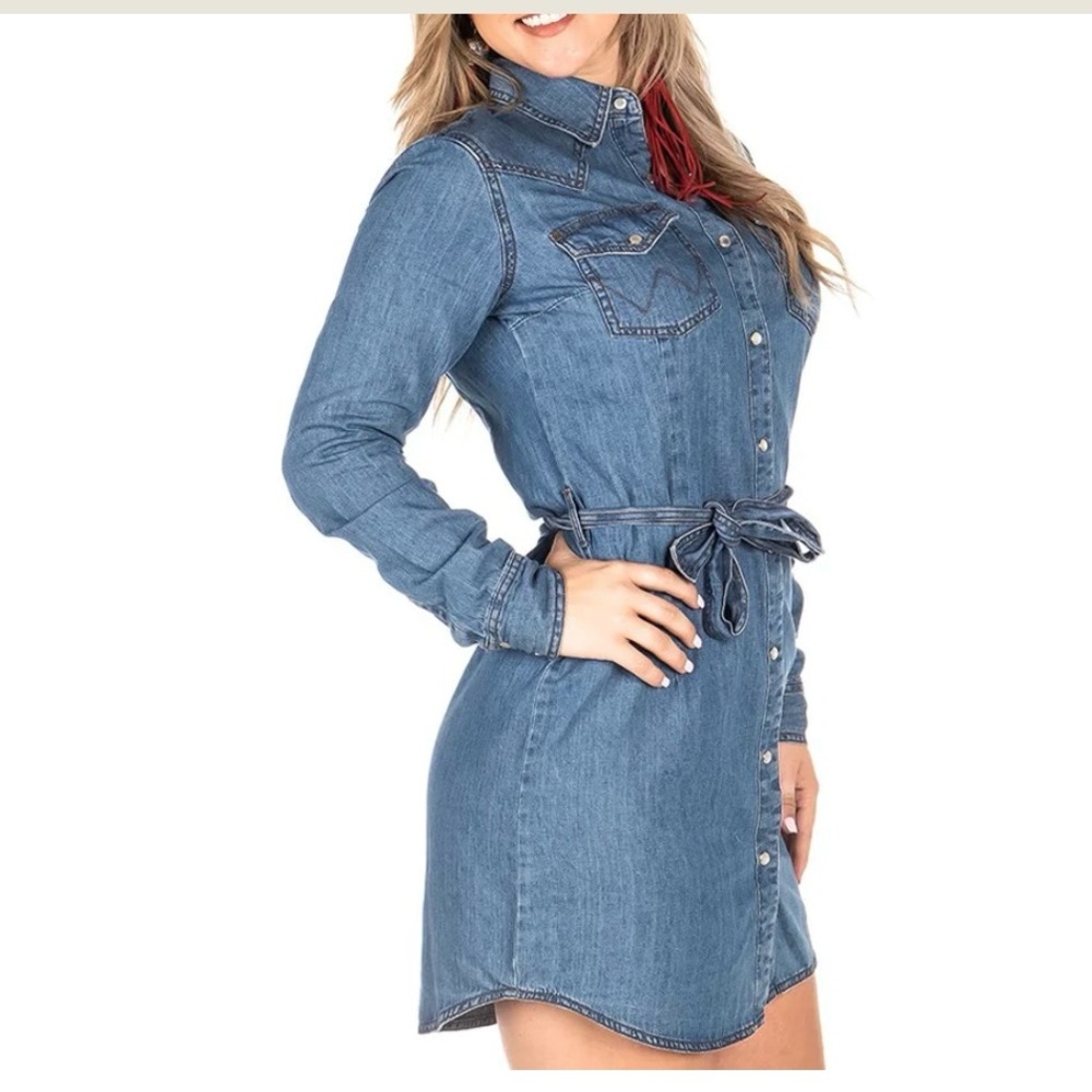 Wrangler Retro Blue Denim 100% Cotton Snap Front Shirt Dress Tie Belt Size Large